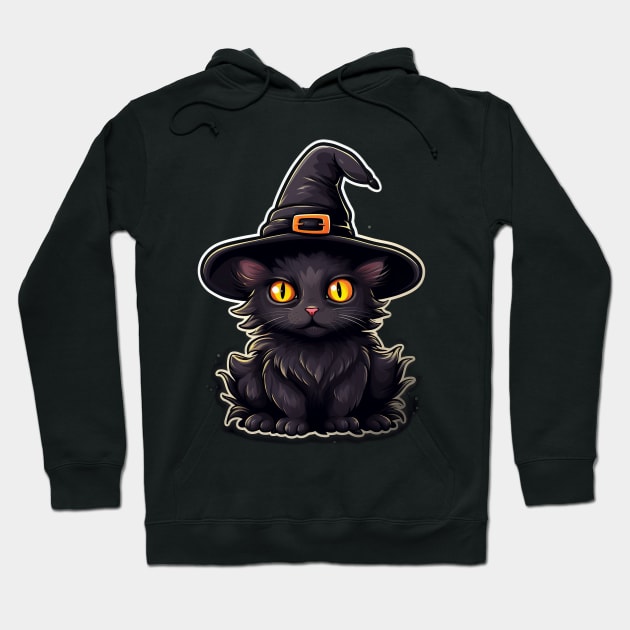 Black Cat In Witches Hat - Black Cats Spooky Halloween Hoodie by fromherotozero